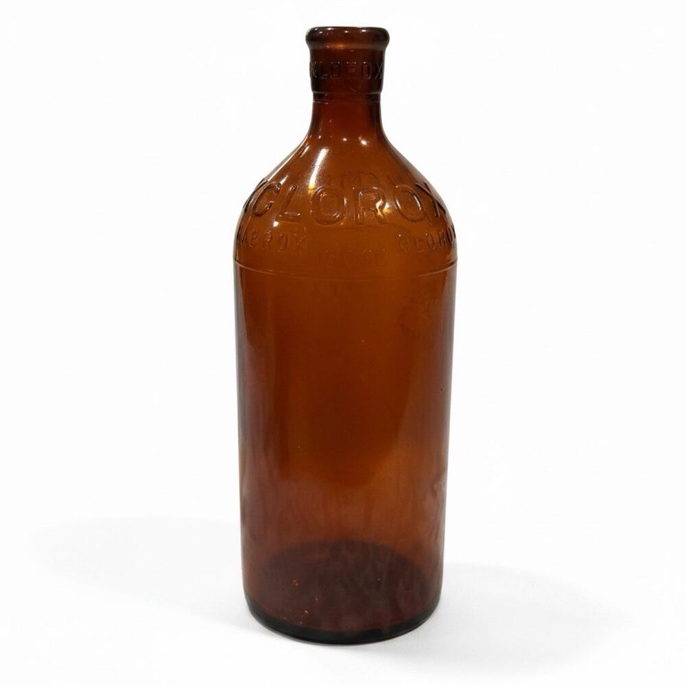 Vintage 1930s 16 Ounce Clorox Amber Glass Bleach Bottle Embossed Diamond Logo
